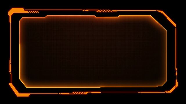 Futuristic sci-fi HUD frame overlay template with glowing orange neon border interface elements and digital tech grid on black background