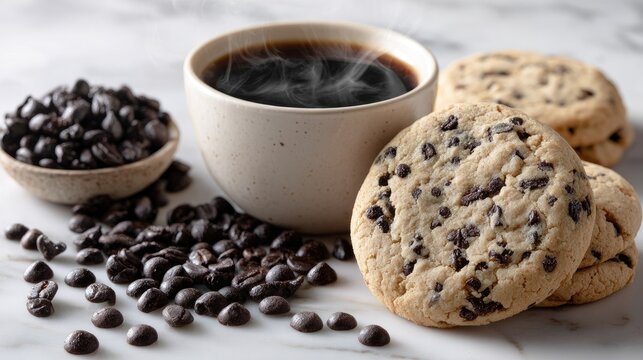 Close up of coffee and cookies with chocolate chips on marble surface