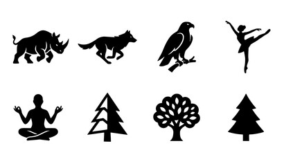Modern black silhouette icon collection with wildlife dancer meditation figure and forest tree vectors © Jahangir