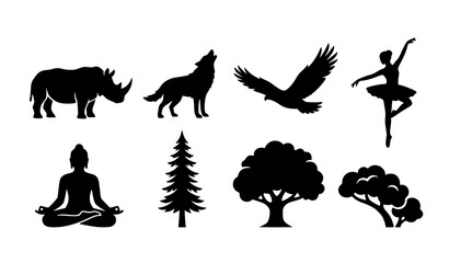 Minimalist animal human and forest silhouette icon set with rhino wolf eagle ballerina and meditation vector © Jahangir