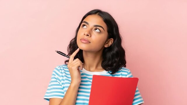 Young Hispanic Woman Holding Red Folder and Pen Thinking About Business Strategy