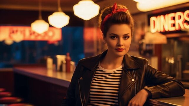 Stylish Caucasian woman in 1950s retro rockabilly style at a classic American diner at night