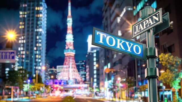 Japan city night timelapse with Tokyo Tower and busy traffic. Selective focus of travel sign Tokyo and Japan with real timelapse from raw photos. Busy street and zebra crossing with busy traffic.