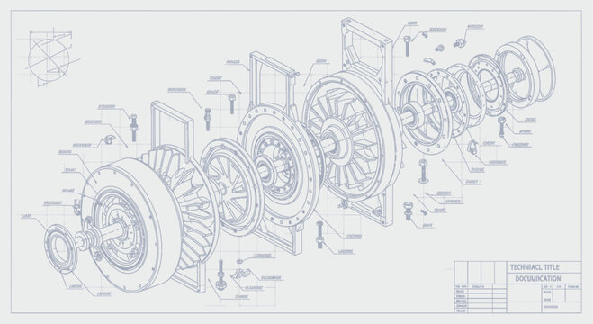 Detailed blueprint of a complex mechanical turbine engine assembly.