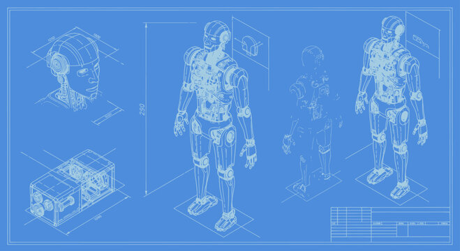 Detailed Blueprint of a Humanoid Robot Design with Technical Specifications.