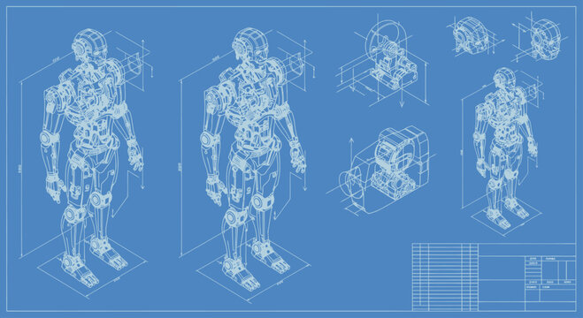 Detailed Blueprint of a Humanoid Robot Design with Isometric Views.