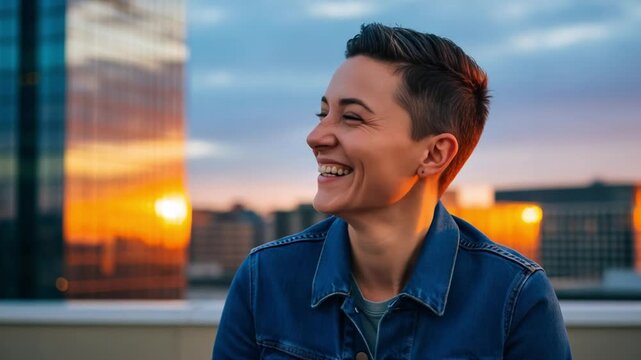 Smiling Non-Binary Person with Short Hair on Urban Rooftop at Sunset