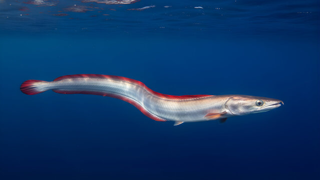 Oceanic oarfish swimming in deep blue.