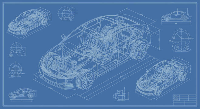 Detailed Blueprint of a Modern Race Car Chassis and Engine Design.