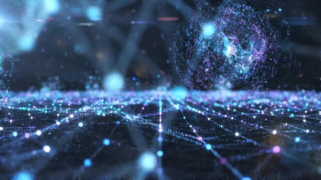 Plexus tech particles background is a hi-tech digital dot line particle background, future sci-fi video material, dotted line particle technology video, technology digital line particle.