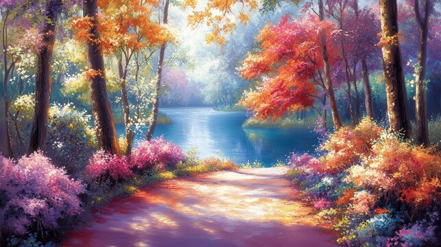 A Vibrant Autumn Forest Trail Leading to a Serene Lake Bathed in Soft Sunlight
