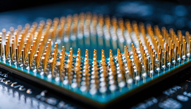 Golden Pin Grid Array on Circuit Board with Reflective Blue Surface Highlighting Computer Technology Background