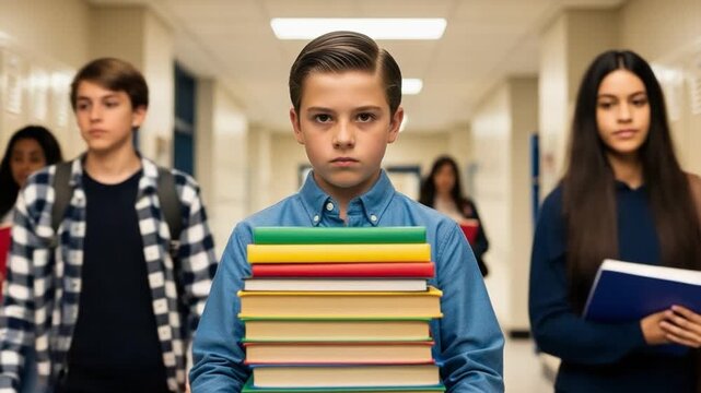 Serious young boy holding a stack of books in a school hallway with students in the background