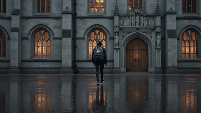 Young male student in hoodie with backpack walking towards gothic university building on rainy day