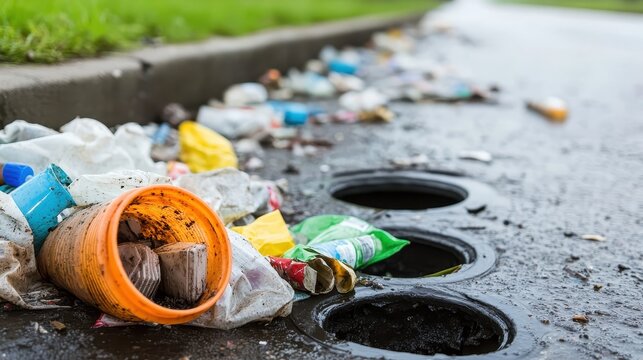 Accumulation of Trash and Debris Near Storm Drains in a Polluted Suburban Neighborhood
