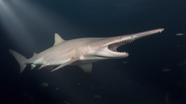 Thresher shark swimming in dark ocean.