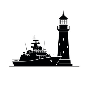 Large Ship Sailing Near Lighthouse Tower.