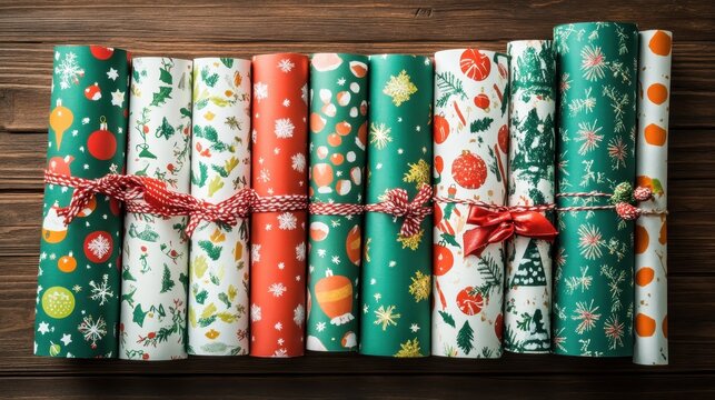 Assorted Christmas Wrapping Paper Rolls with Festive Holiday Patterns and Red Bows on a Wooden Background