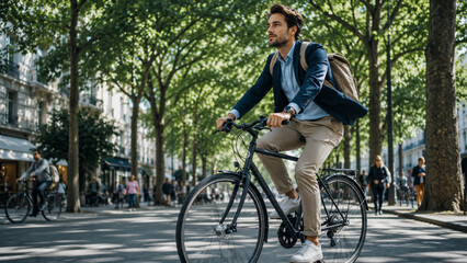 Obraz premium A man in business attire cycles through a sun-dappled, tree-lined city street on his daily commute