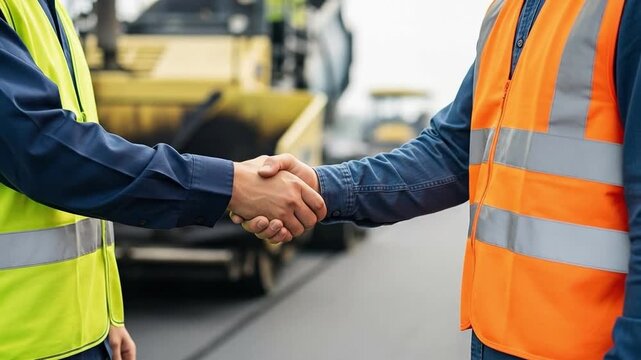 Male construction workers shaking hands on road infrastructure project site agreement