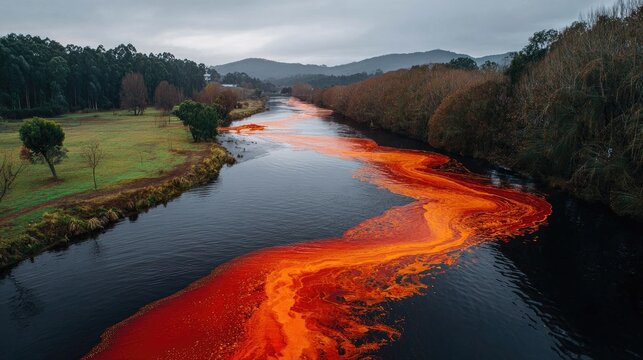 Vibrant red river flowing through green landscape under cloudy sky
