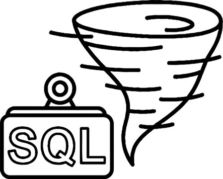 Database SQL label icon next to powerful storm tornado
