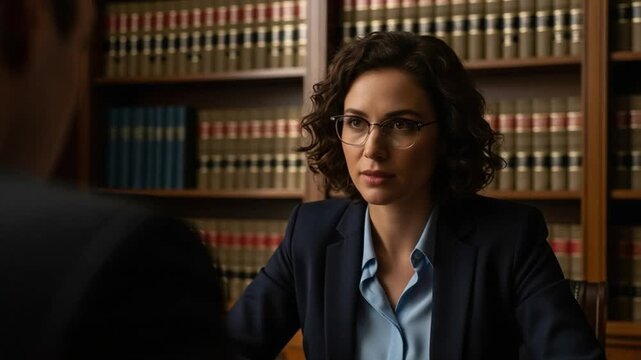 Professional Female Lawyer Consulting Client in Private Law Office Library