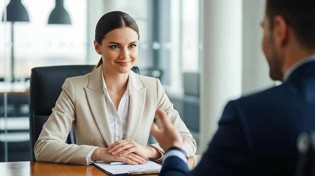 Young Caucasian female recruiter interviewing a male job applicant in a bright corporate office setting