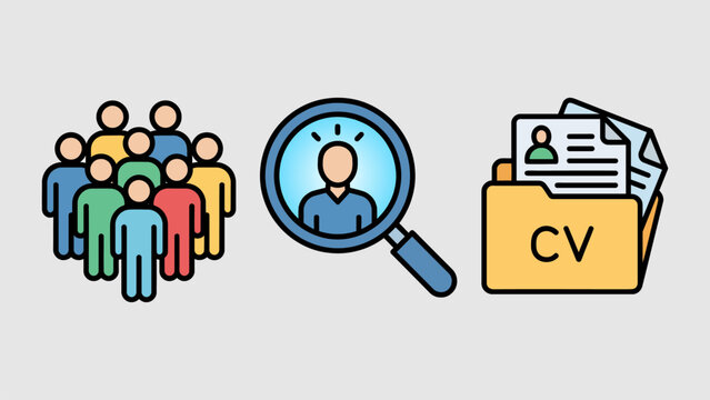 Creative recruitment set featuring magnifying glass on candidate, curriculum vitae folder, and employee group. Suitable for job portals, hiring agencies, and talent management.