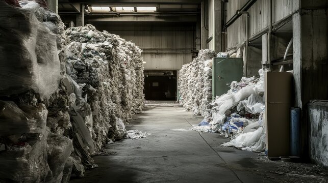 Immense stacks of excess packaging materials overwhelming a dimly lit industrial warehouse, highlighting overconsumption and waste management challenges.