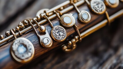 Obraz premium Intricate Gold Inlaid Flute Mechanism Detailed Close-Up Showing Ornate Craftsmanship and Warm Textures
