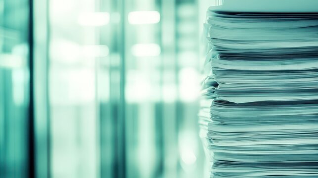 Large stack of business documents and policy papers in an office environment with natural light