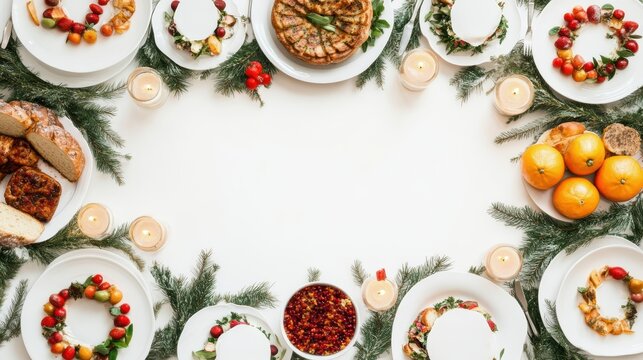 Elegant Holiday Brunch Table Setting with Festive Food and Candles for a Celebratory Gathering
