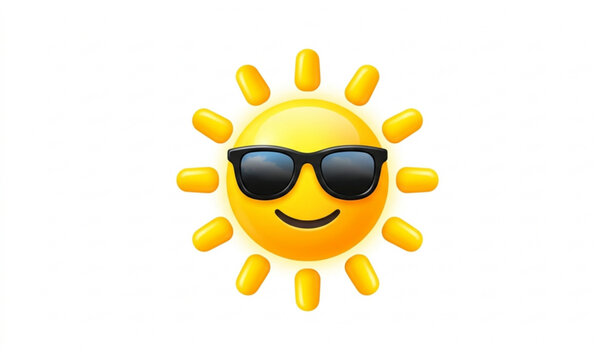 3D sun emoji with sunglasses bright summer sunshine vector icon isolated on white