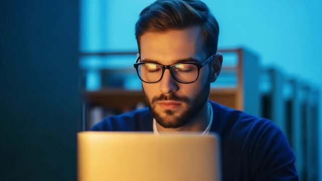 Young bearded man with glasses working on laptop in dark office at night