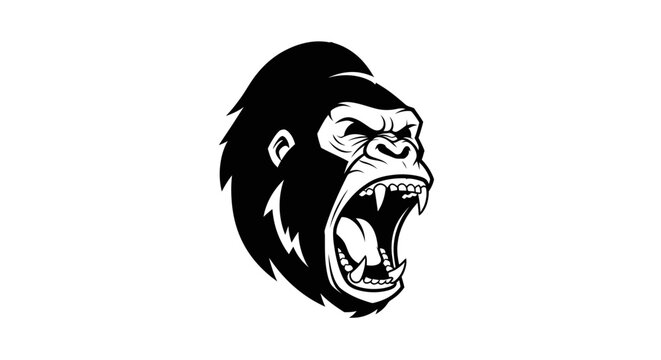 Aggressive Gorilla Head Illustration, Black and White, Roaring, Angry Ape Face