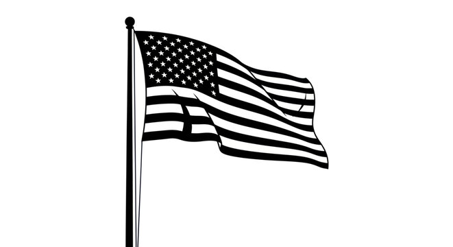 American Flag Waving on Pole - Black and White Vector Illustration