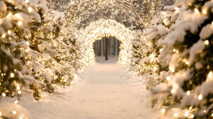 Fototapeta premium Enchanting winter garden pathway adorned with warm Christmas lights, creating a magical snow-covered archway for a cozy festive stroll.