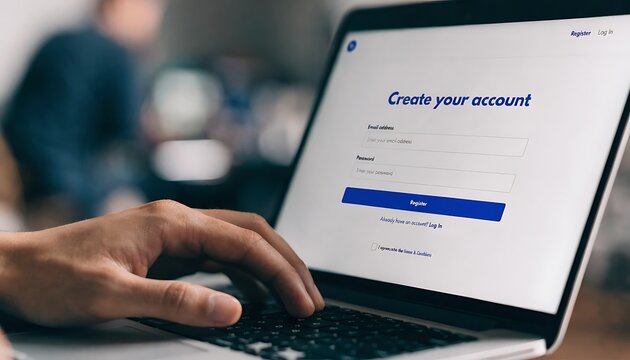 Close-up of a person's hands typing on a laptop keyboard as they fill out an online "create your account" registration form with email and password