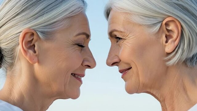 Senior lesbian couple sharing intimate moment with foreheads touching outdoors