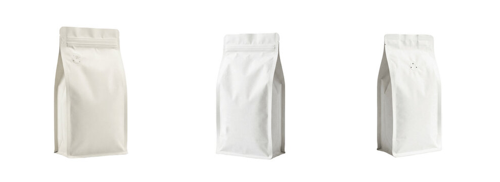 Blank white stand up pouch packaging mockup for coffee, tea, snacks and powders, matte foil bag design for branding, custom printable food grade retail pack

