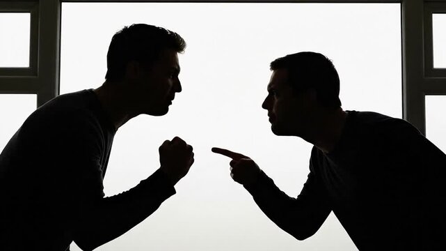 Silhouette of two aggressive men arguing and pointing fingers during a heated workplace dispute