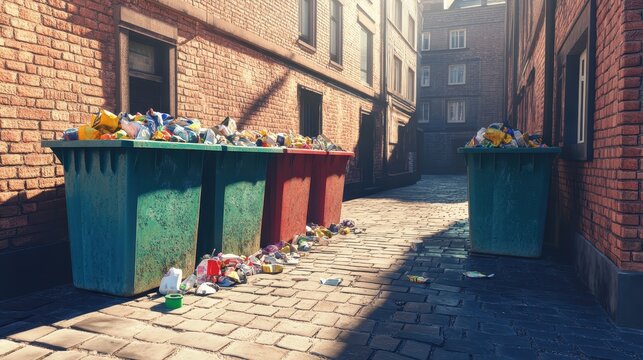 Overfilled trash containers overflowing with refuse and garbage on a sunlit city street with detailed textures