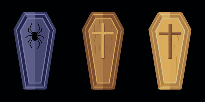 Three stylized coffins with halloween decorations vector illustration