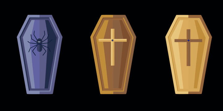 Three stylized coffins with halloween decorations top down view