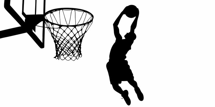 Basketball player silhouette dunking on a white background