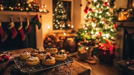 Naklejka premium Holiday Scones Cooling on a Rustic Kitchen Rack with a Blurry Christmas Tree and Fireplace in the Background