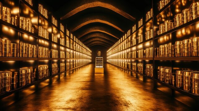 Secure gold storage facility with illuminated shelves and a central display case, representing immense wealth and financial security.