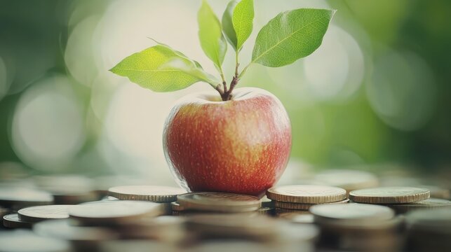 Red apple with green leaves growing from atop a stack of coins, symbolizing financial growth and investment
