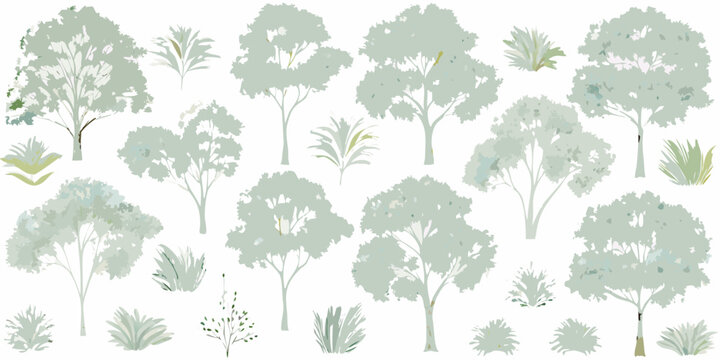 Tree silhouettes and foliage botanical illustration set